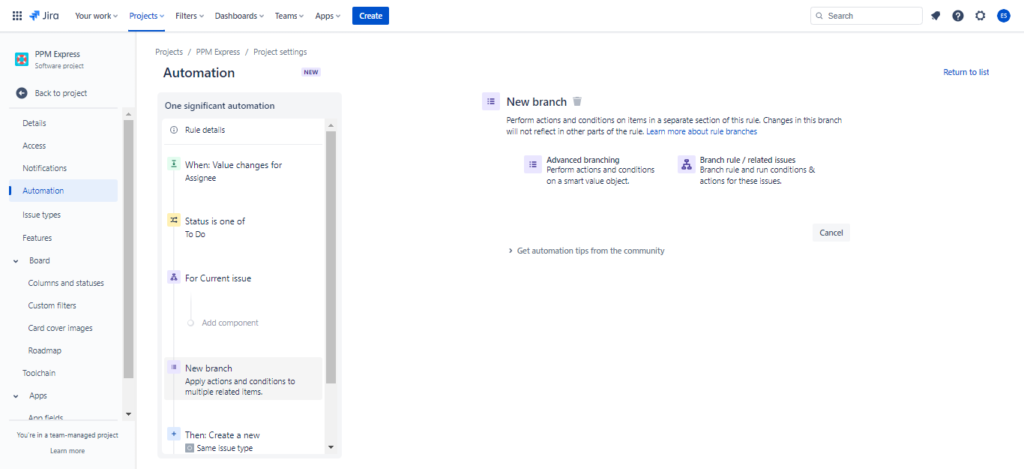 Create a new branch in automation in Jira