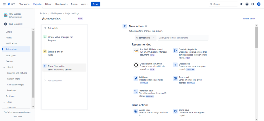 Choose a new action in Jira's automation