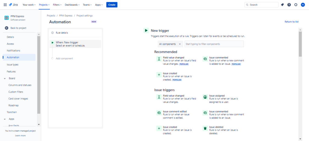 Jira's prebuilt triggers as an automation