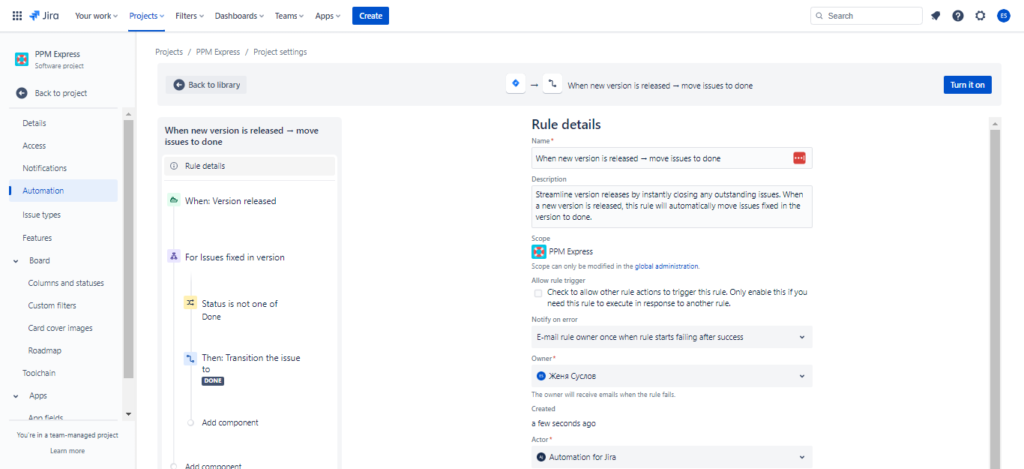 Jira's rule based automation interface