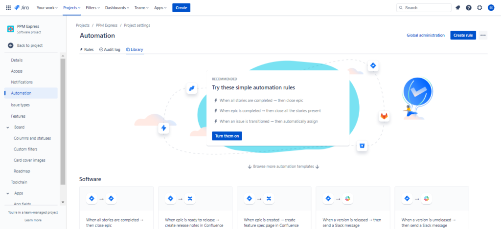 Jira's automation menu