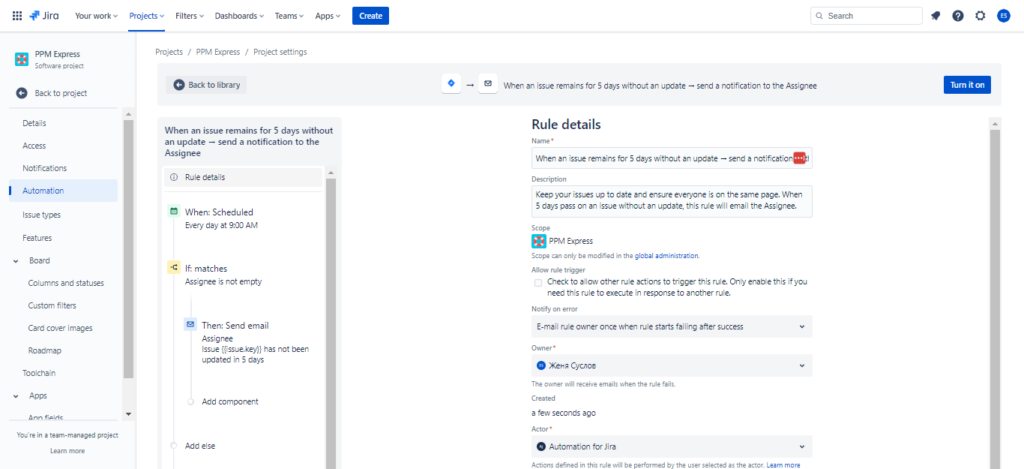 JIra's scheduled automation creation process