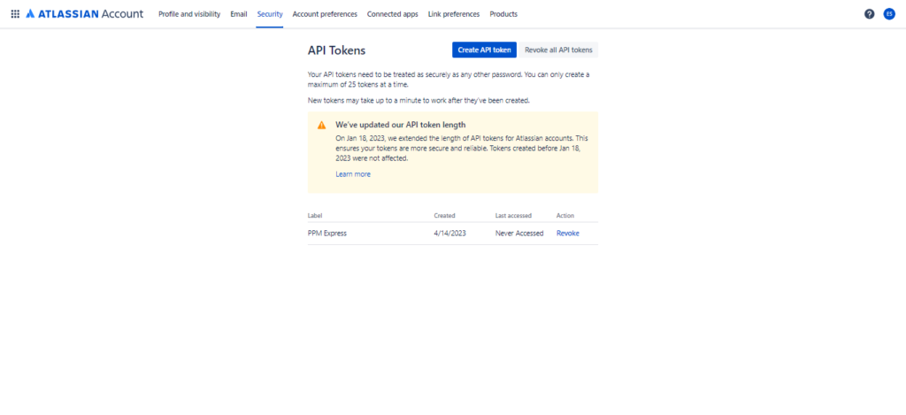 Jira's API token creation process