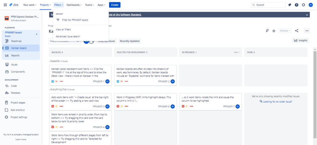 FIlter menu in JIra to create a JQL