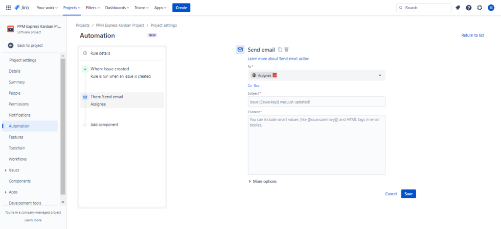 Create a notification executed as an automation in Jira