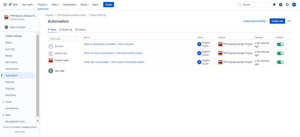 Lisf of automation created by user in Jira Software