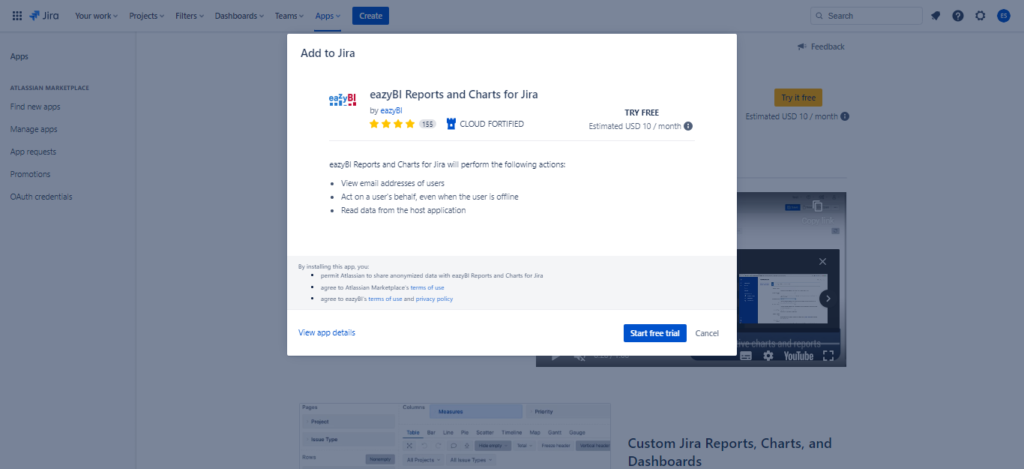 Add eazyBI to Jira from Apps menu
