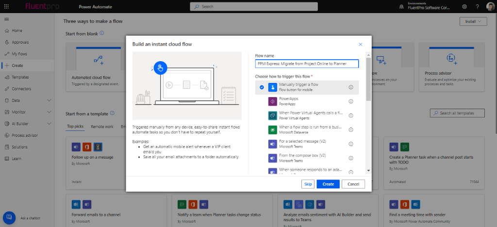 Building an instant cloud flow in Power Automate