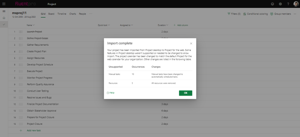 Import complete screen in Project for the web