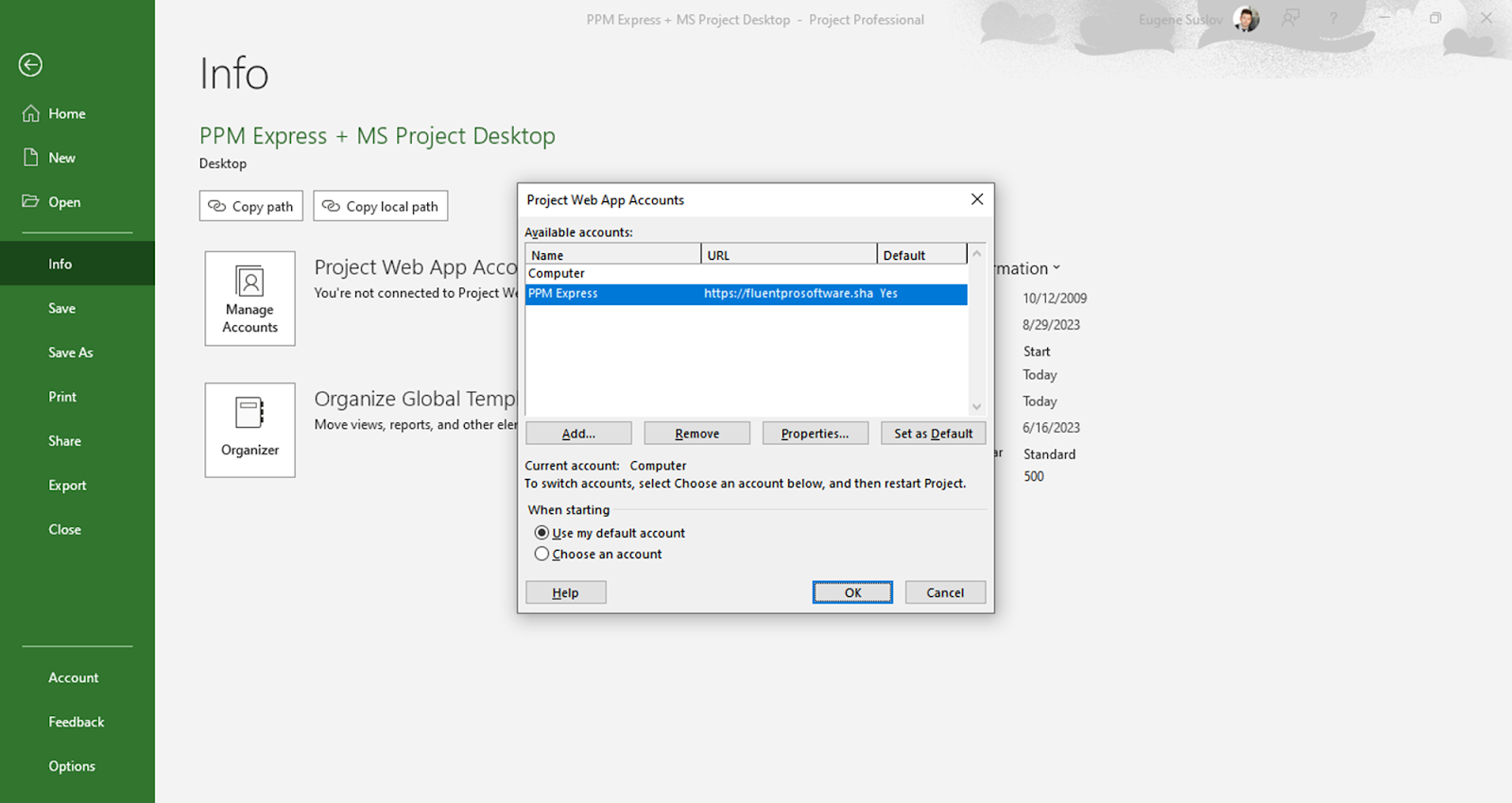 Project Web App Accounts in Project Desktop and Project Online
