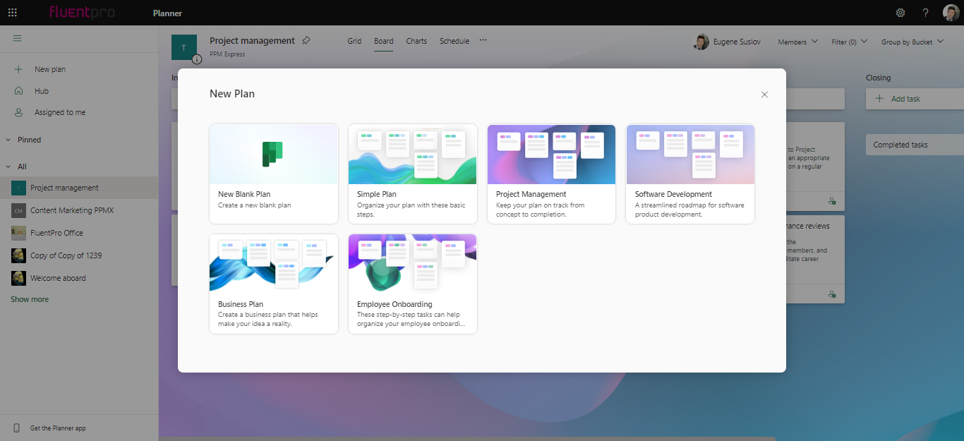 New Plan creation menu in MS Planner