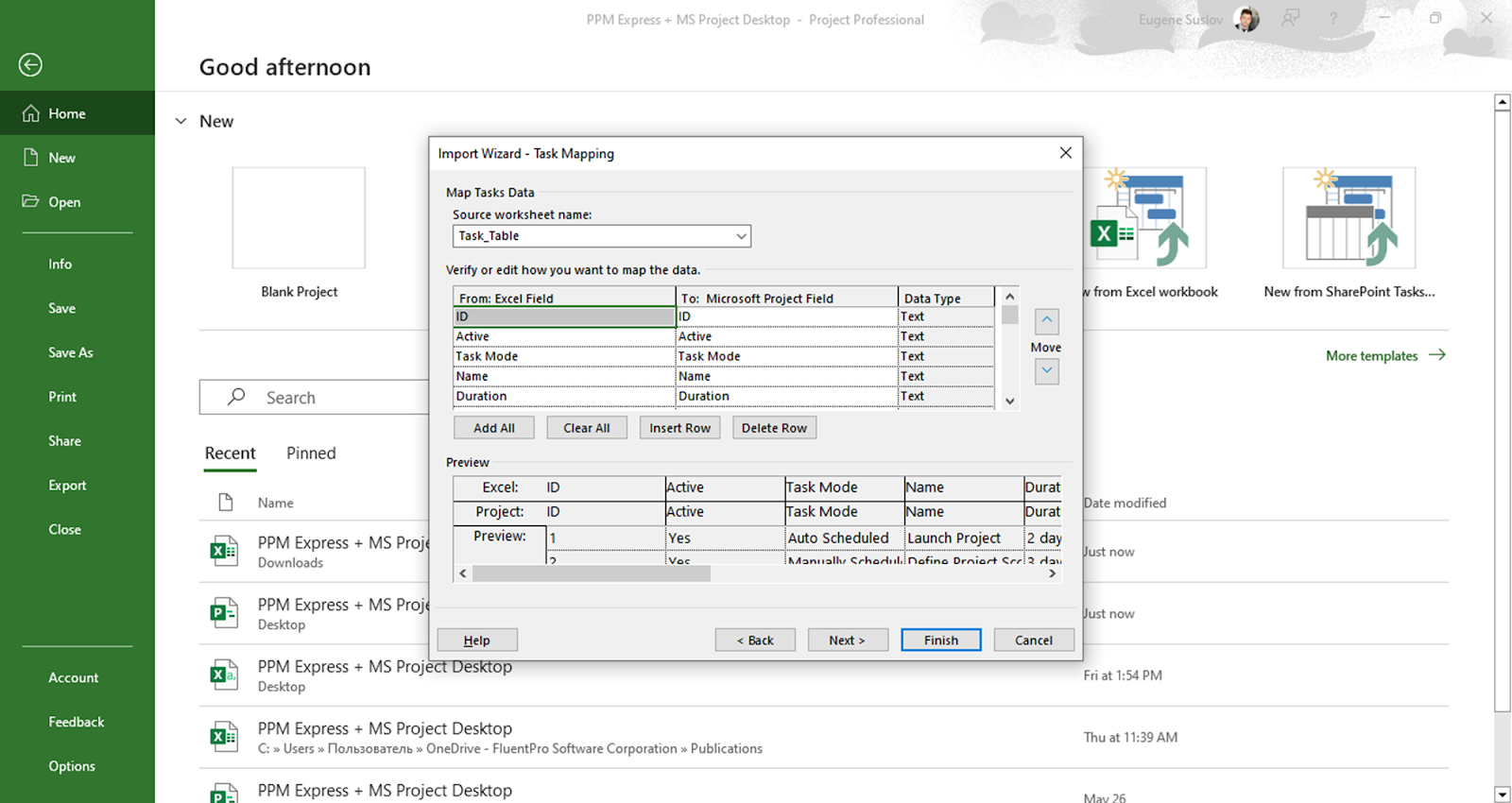 Mapping data in Project Desktop while importing Excel data from Project Online