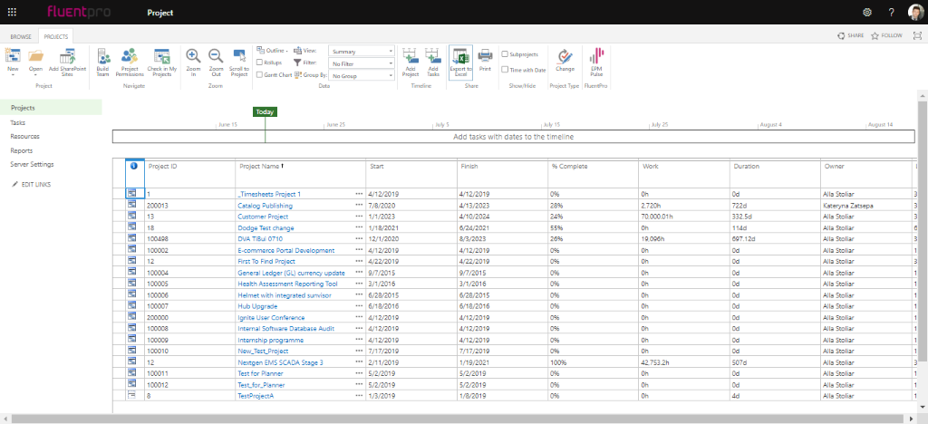 Project menu in Project Online