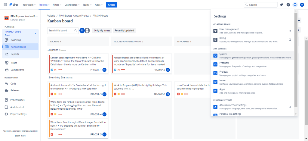 System adjustments menu in Jira