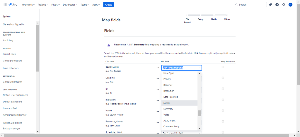 Mapping data from CSV file in Jira to migrate from Project Online