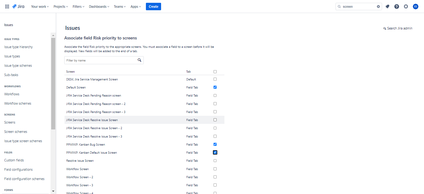 Assicuate custom field to screens
