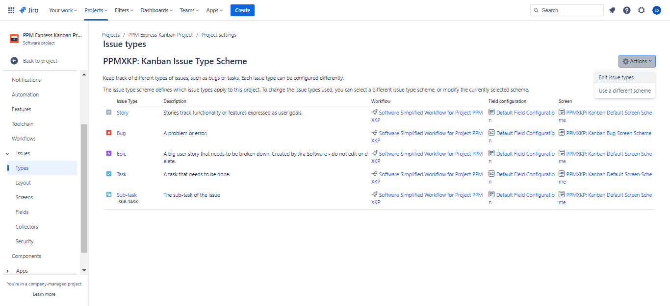 Existing issue types already created in Jira