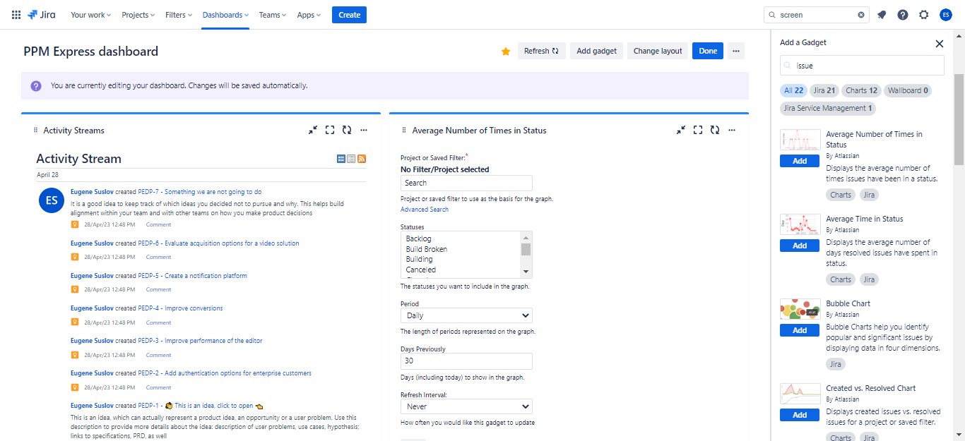 Dashboard functionality in Jira