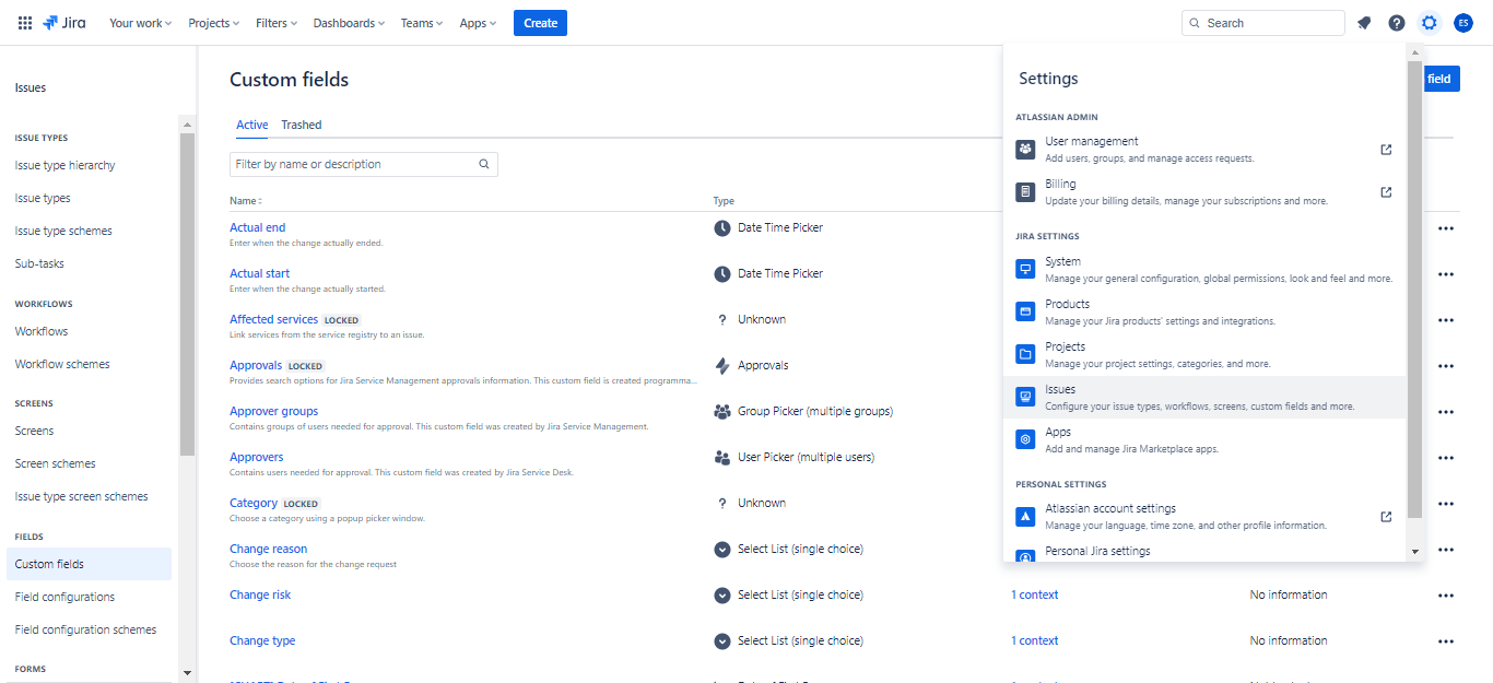 Custom fields screen in Jira via Issues menu