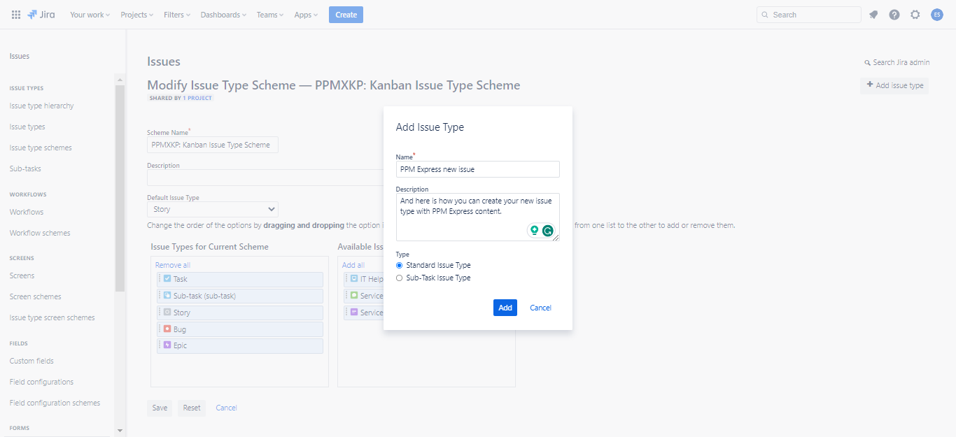 Issue create popup menu in Jira
