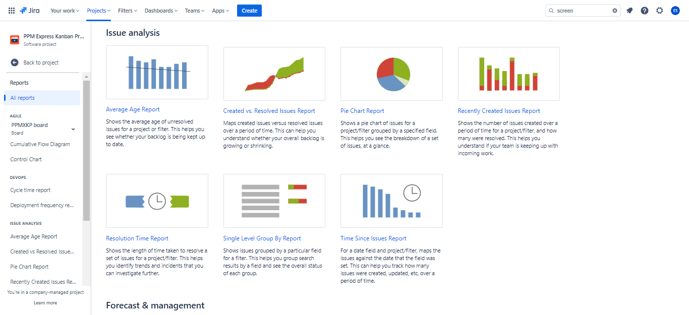 Issue analysis in Jira (pre-crceated reports)