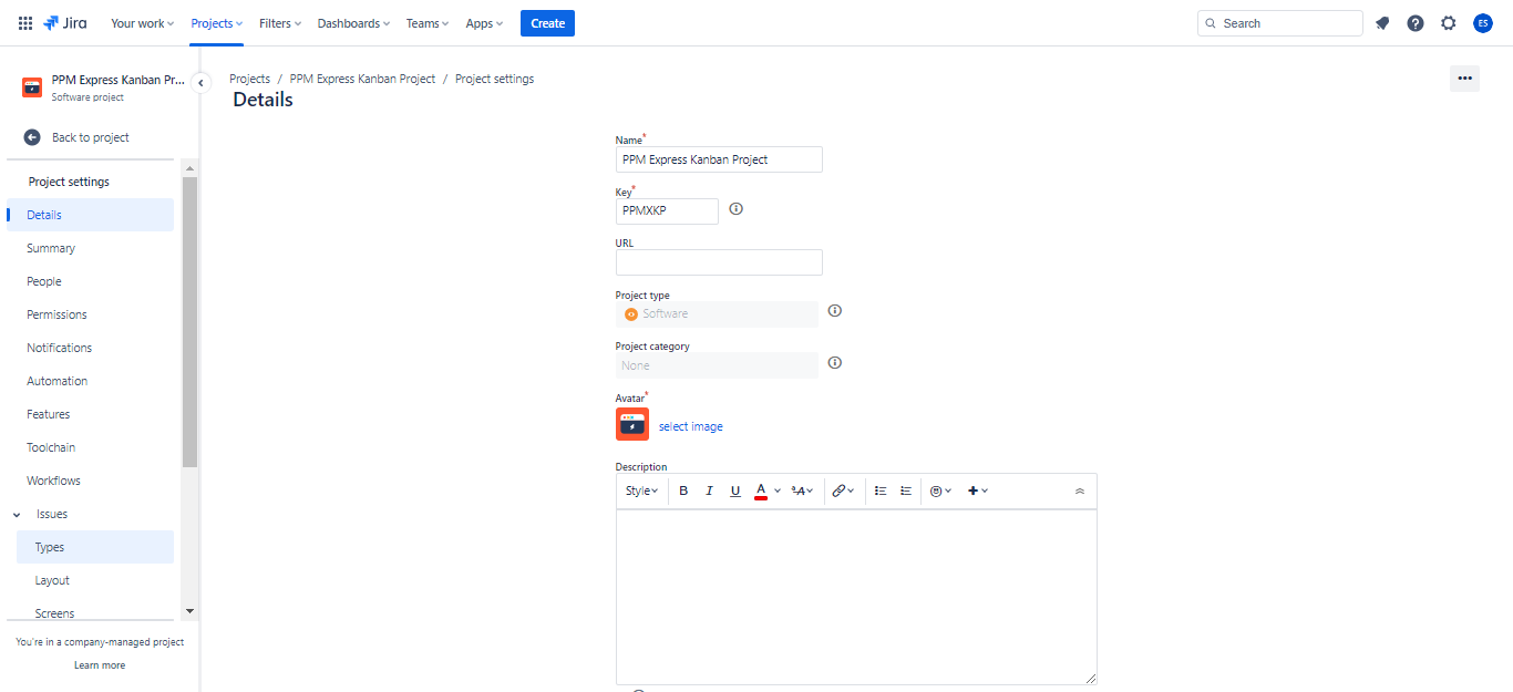 Project details menu in Jira