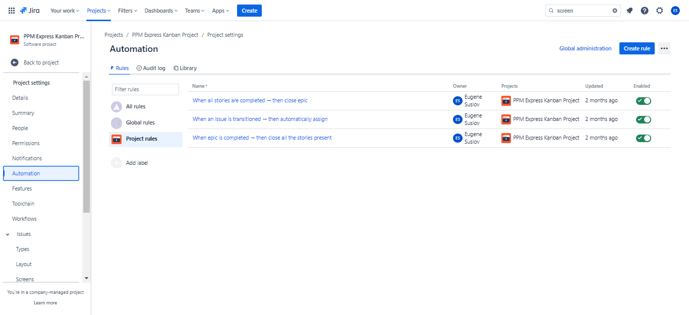 Automations menu in Jira