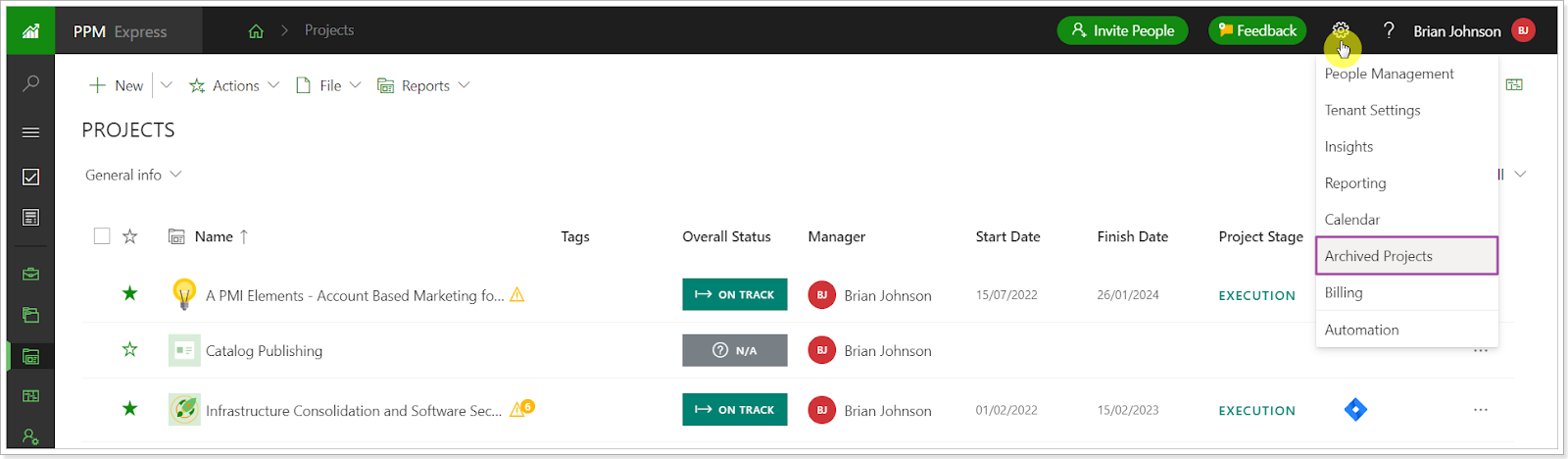 The Archived Project section in PPM Express