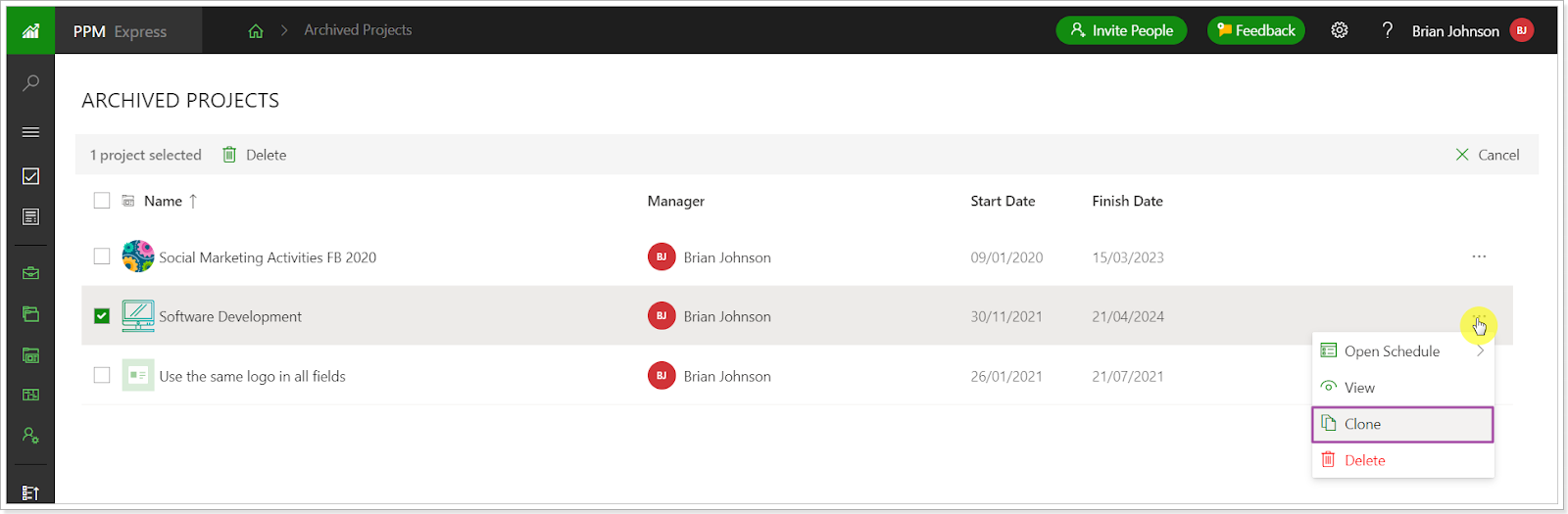 How to clone project in PPM Express