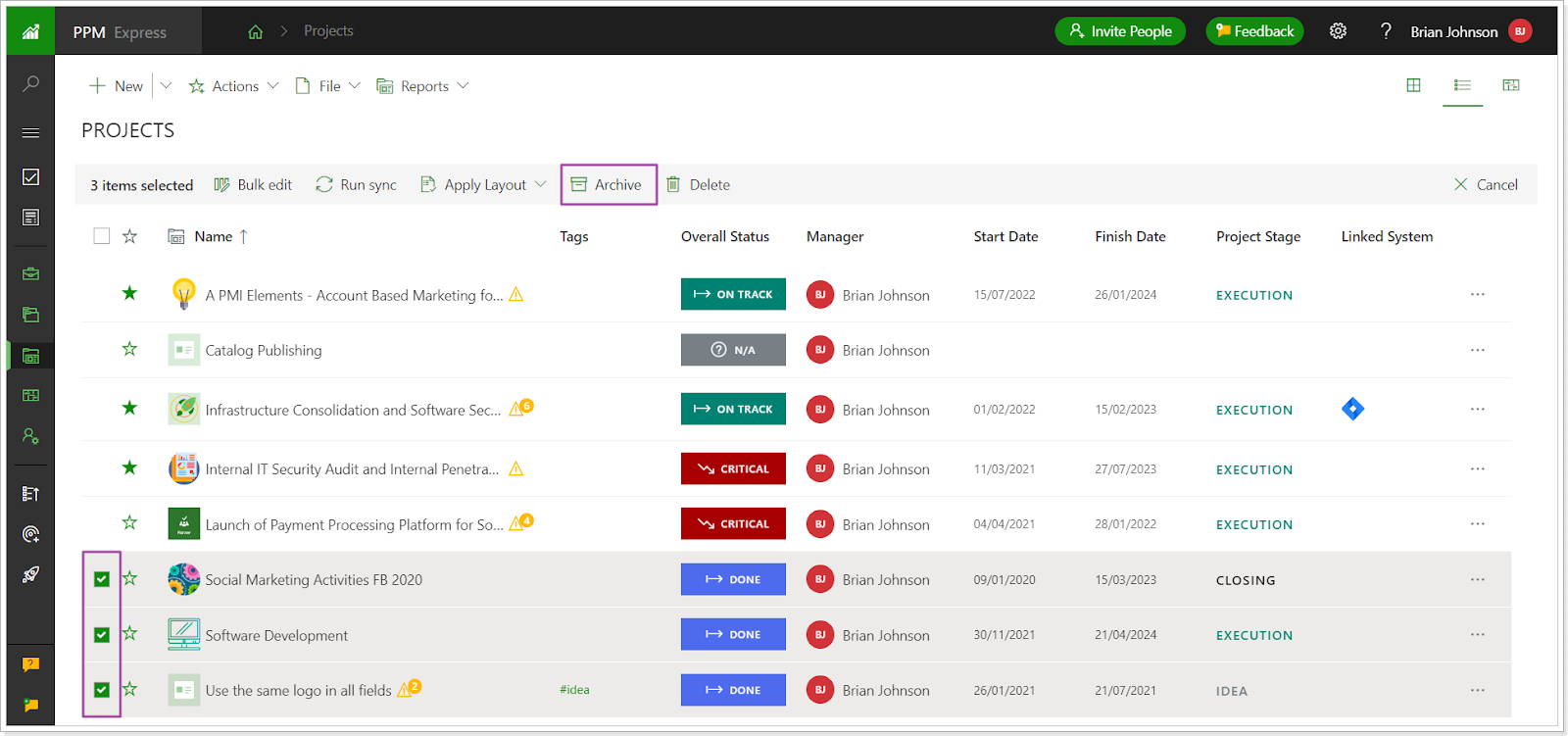 How to archive projects in PPM Express