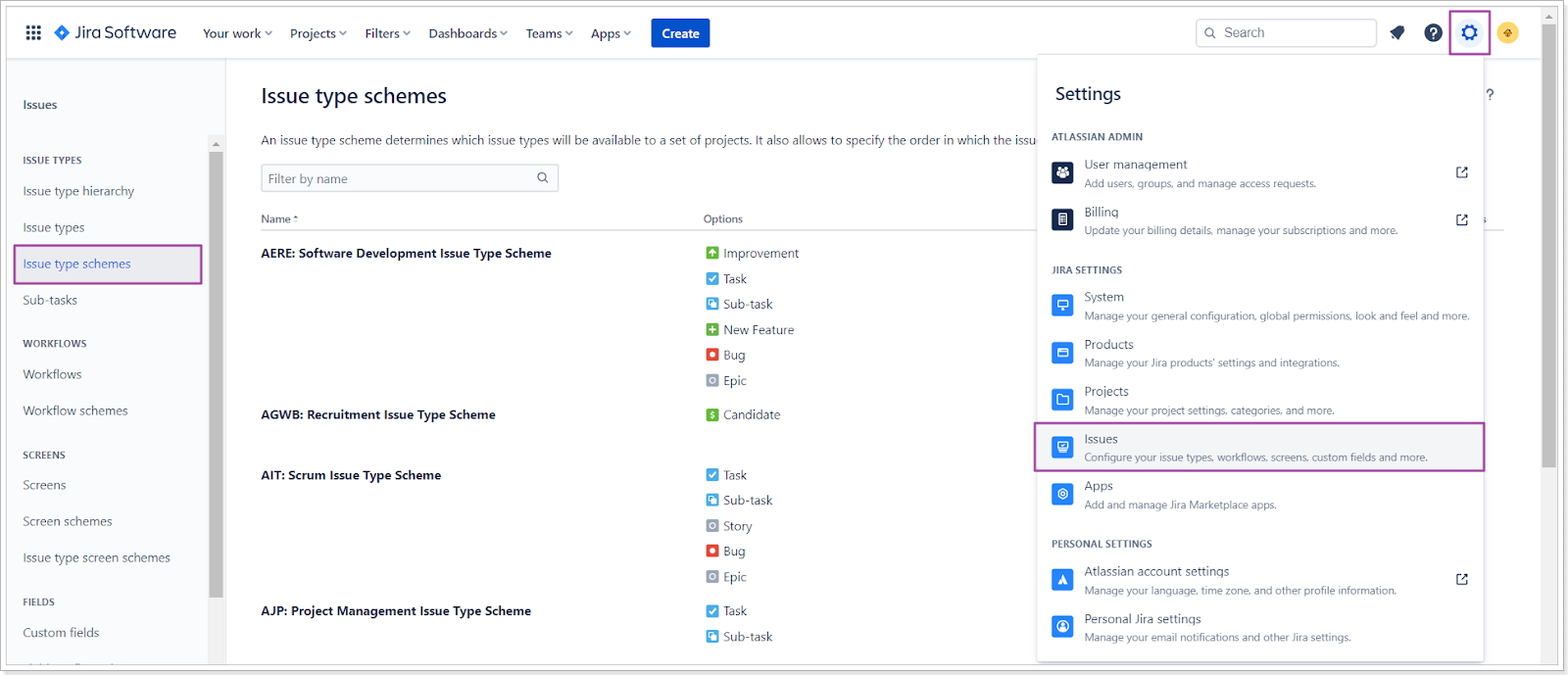 Issue types menu in Jira for cross-projects adjustment in PPM Express