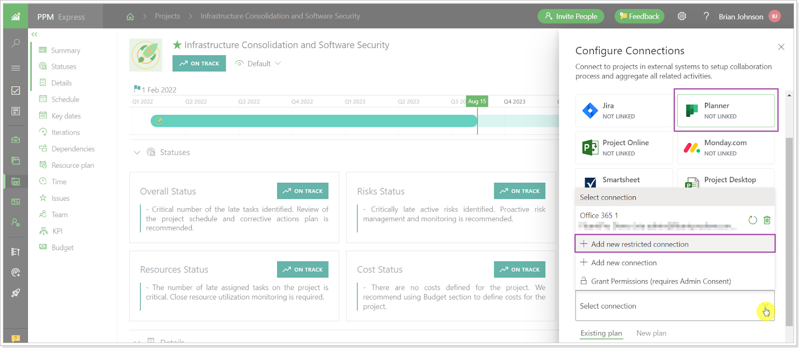 Microsoft Planner connector settings in PPM Express