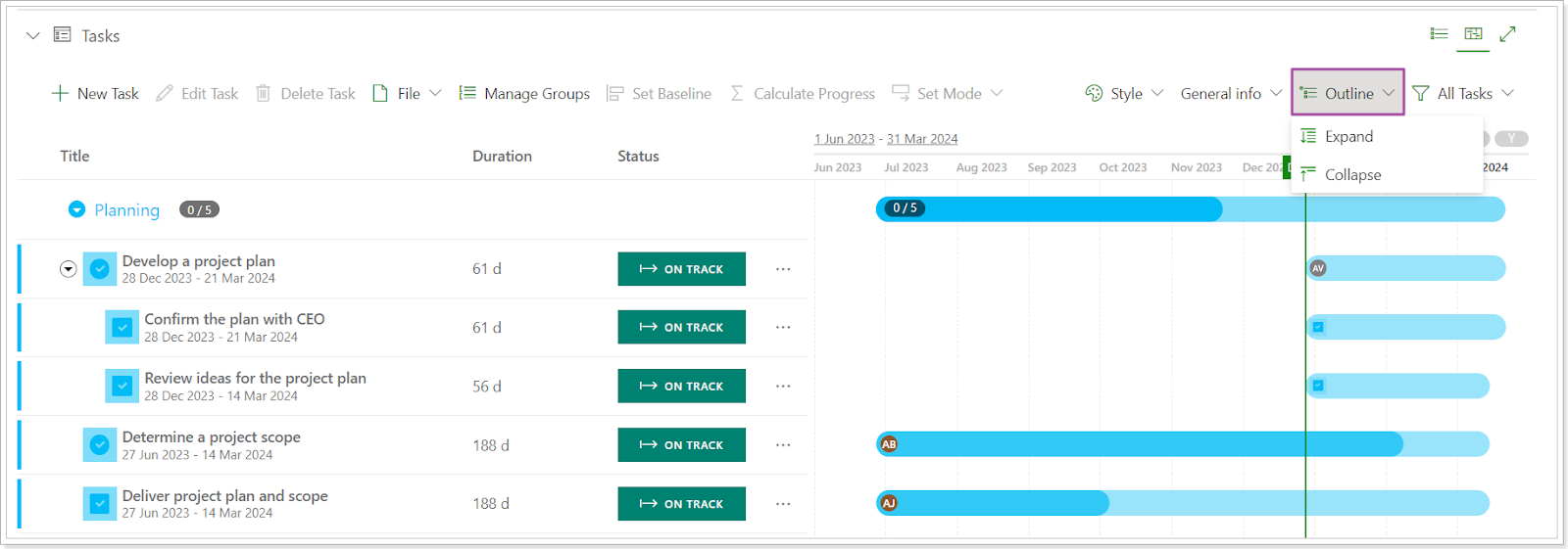 'Outline' option to the Tasks page for PPM Express tasks