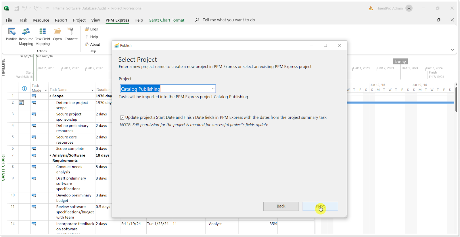 Update the Project’s Start Date and Finish Date with the dates from the project summary in PPM Express