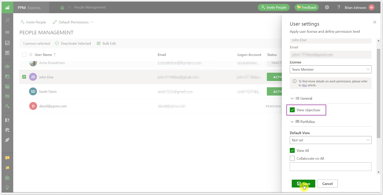 user settings in PPM Express
