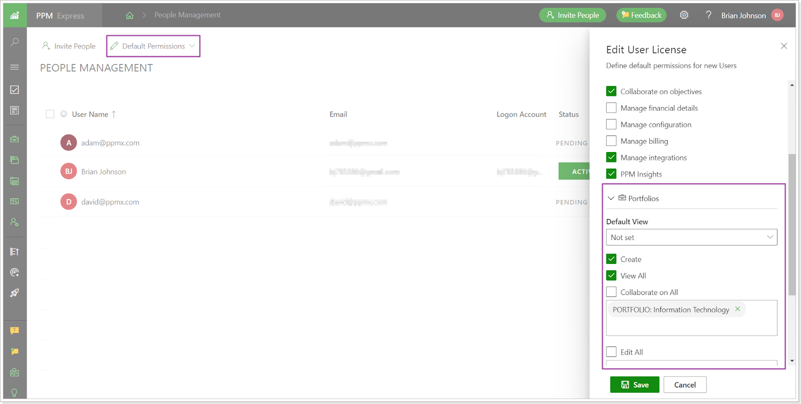 Editing user license in PPM Express
