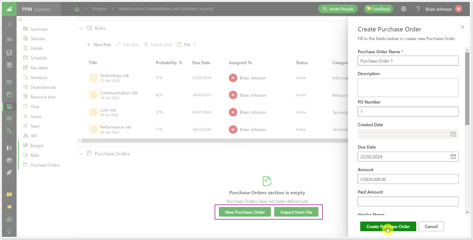Creating purchase order in PPM Express