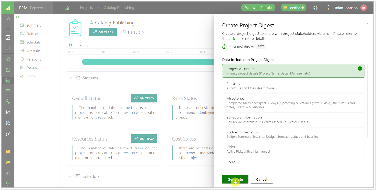 Generating Project Digest based on AI in PPM Express