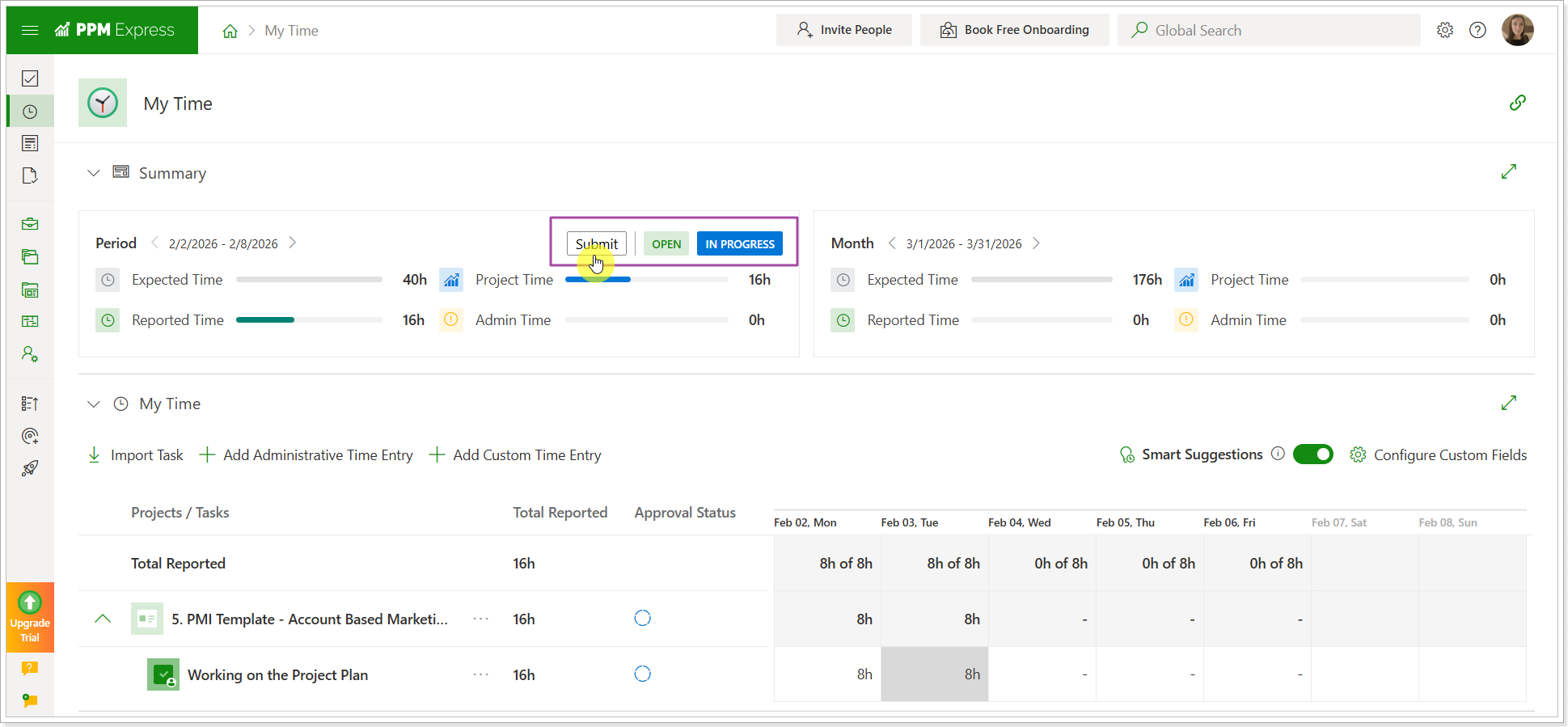 Timesheet view — submitting time for approval