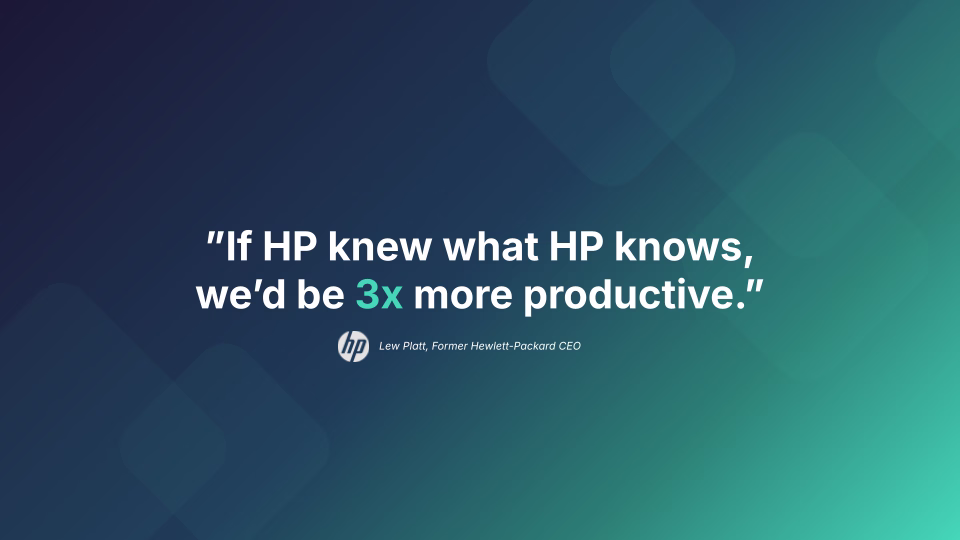 Quote slide: "If HP knew what HP knows, we'd be 3x more productive." - Lew Platt, Former Hewlett-Packard CEO