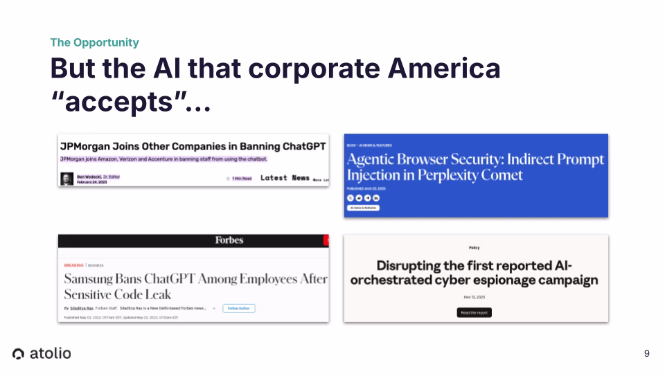 Four news headlines illustrating corporate AI security failures: JPMorgan joins Amazon, Verizon, and Accenture in banning ChatGPT; Samsung bans ChatGPT among employees after sensitive code leak (Forbes); Agentic Browser Security: Indirect Prompt Injection in Perplexity Comet (August 2025); Disrupting the first reported AI-orchestrated cyber espionage campaign (November 2025)