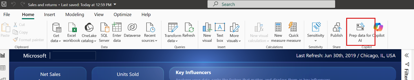 Screenshot that shows the Copilot Desktop features in Power BI that showcases the Prep data for AI options.