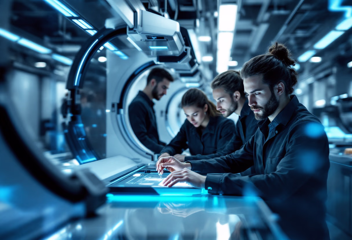 image depicting employees collaborating (for a manufacturing plant)