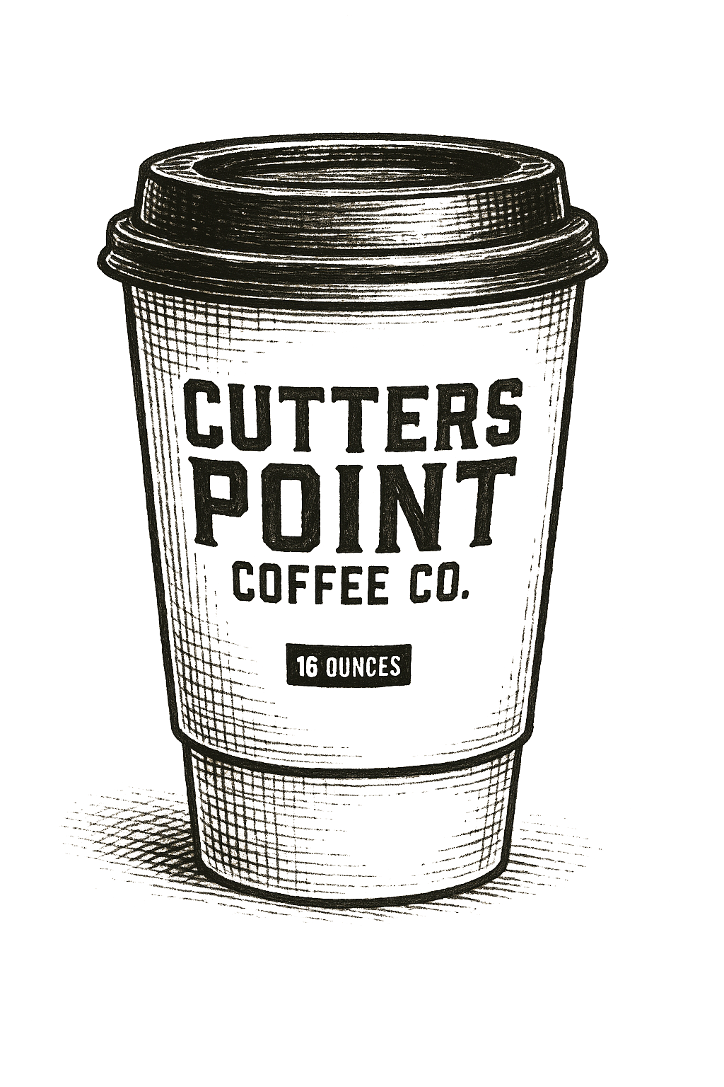 Vintage hand-drawn sketch of a 16 oz Cutters Point Coffee Co. to-go cup with bold lid, classic branding, and textured ink lines — perfect illustration for artisan coffee, specialty café takeaway, and Pacific Northwest coffee culture.
