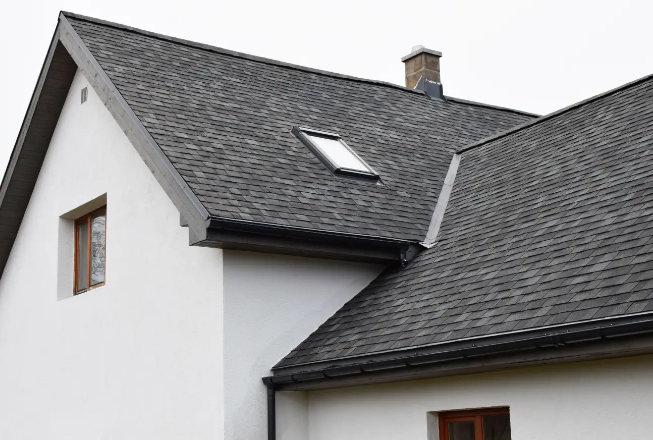 Residential home with dark asphalt shingle roof and skylight above white exterior walls.