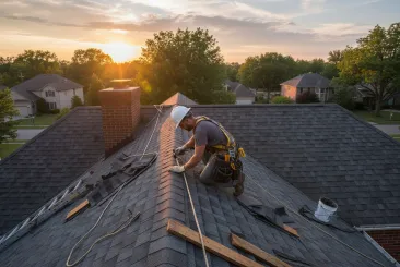 roofing professional replacing damaged shingles on suburban home at dusk