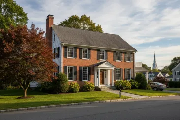 red brick colonial home with black shutters and professional landscaping