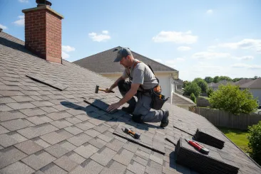 roofer hammering asphalt shingles during residential roof repair