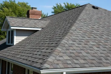 close-up of architectural asphalt shingles on hip roof with brick chimney