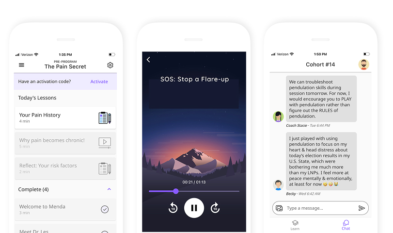 A smartphone screen showing a chat interface with a message about stopping a flare-up, part of the self-paced lessons feature.